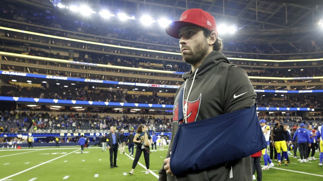 Todd Bowles says Baker Mayfield has a left shoulder sprain, with an MRI coming Monday. Todd Bowles says Baker Mayfield has a left shoulder sprain, with an MRI coming Monday.