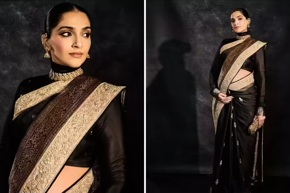 Sonam Kapoor flaunts her baby bump in a stunning Banarasi saree at an event, poses for pictures