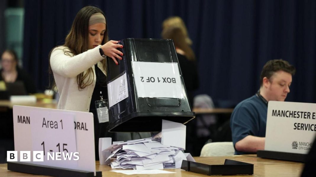 Counting votes in the Gorton and Denton by-election.
