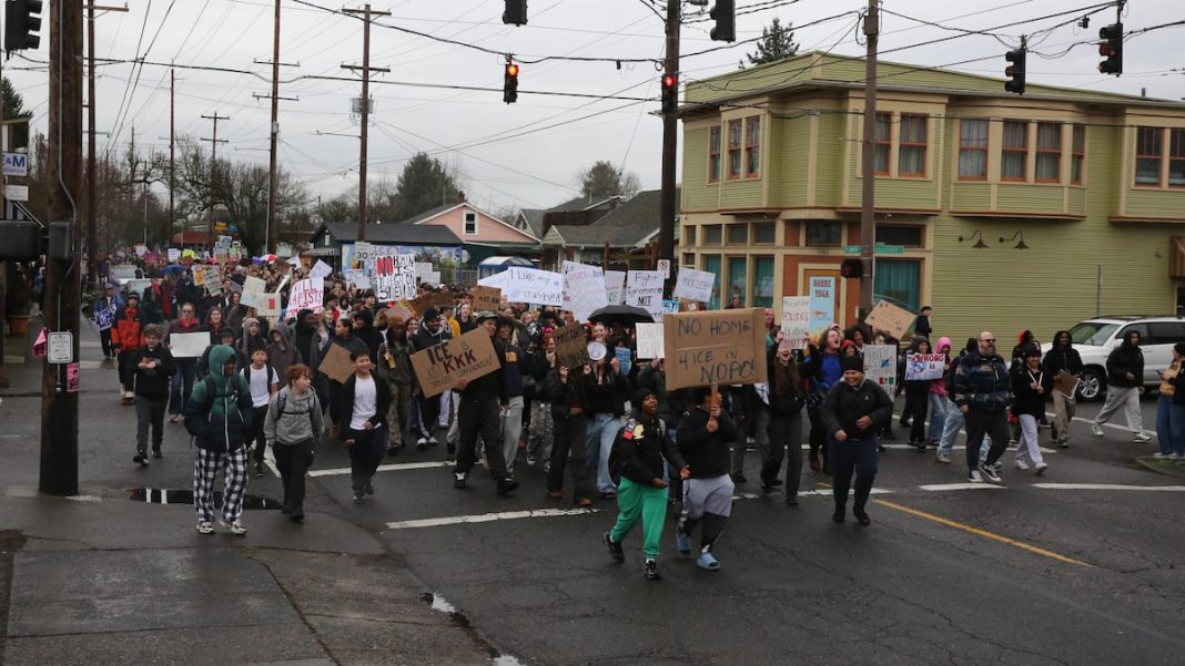 Hundreds of students in Portland walked out of their classes to protest ICE. Hundreds of students in Portland walked out of their classes to protest ICE.