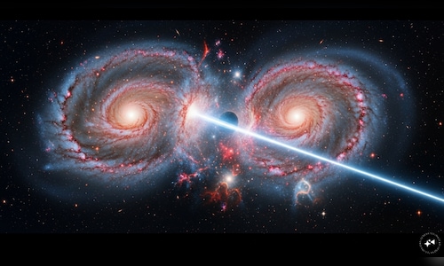 Astronomers spot powerful ‘space laser’ from colliding galaxies 8 billion light Astronomers spot powerful ‘space laser’ from colliding galaxies 8 billion light