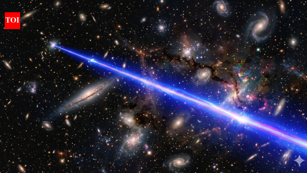 Astronomers find gigantic laser beam signal 8 billion light-years away.