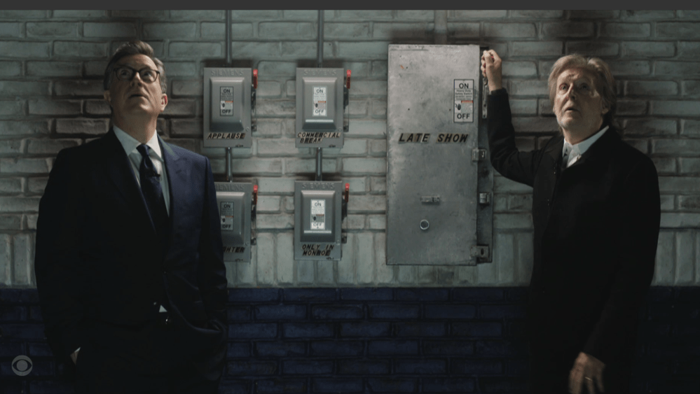 Paul McCartney turns off the lights at the Ed Sullivan Theater for Colbert's finale. Paul McCartney turns off the lights at the Ed Sullivan Theater for Colbert's finale.